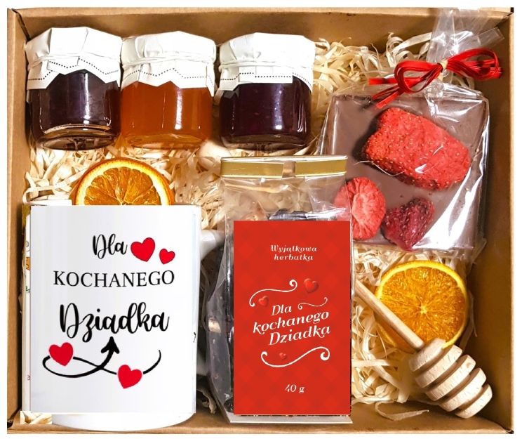 KOSZ PREZENTOWY PREZENT UPOMINEK MIÓD KUBEK DLA NA DZIEŃ BABCI I DZIADKA