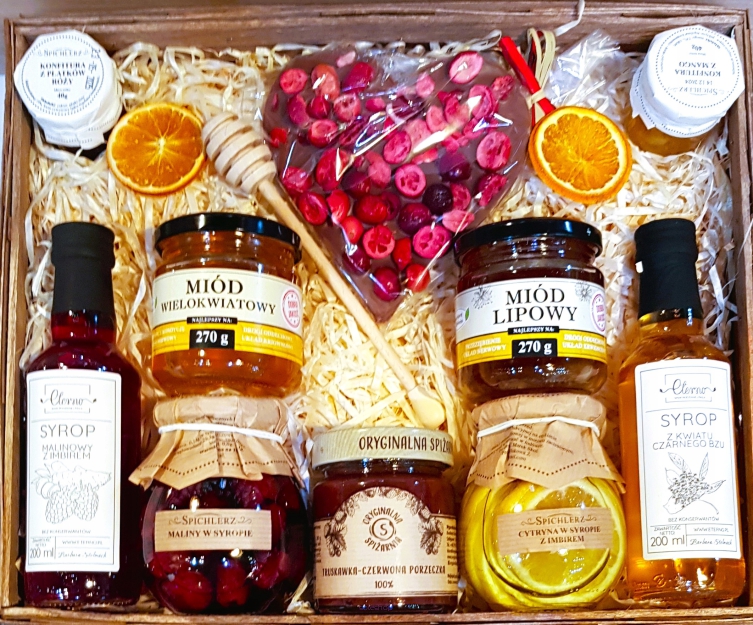 KOSZ BOX PREZENTOWY PREZENT MIÓD HERBATA KONFITURY CZEKOLADA SYROP