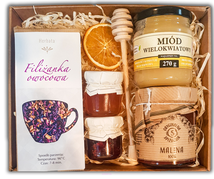 KOSZ BOX PREZENTOWY PREZENT HERBATA KONFITURY MIÓD