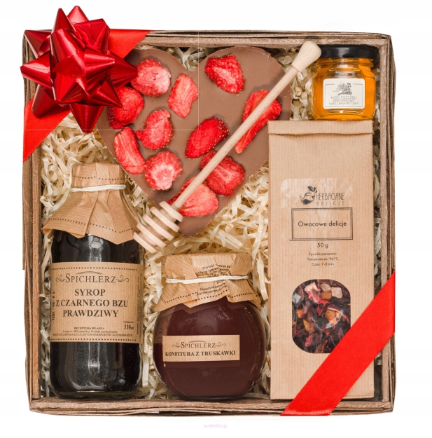 A KOSZ ZESTAW BOX PREZENTOWY PREZENT CZEKOLADA SYROP MIÓD