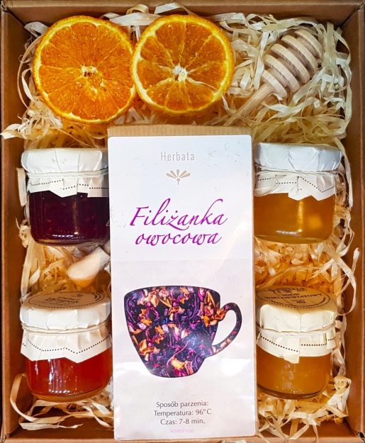 KOSZ BOX PREZENTOWY PREZENT HERBATA KONFITURY MIÓD