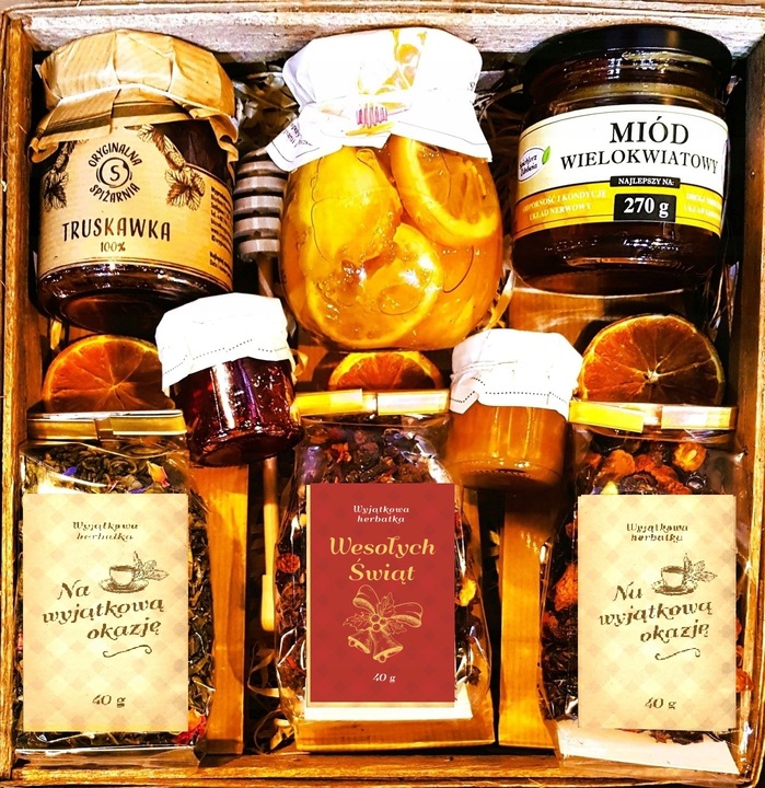 KOSZ-PREZENTOWY-PREZENT-KONFITURA-CYTRYNY-MIOD-HERBATA-NA-SWIETA-URODZINY